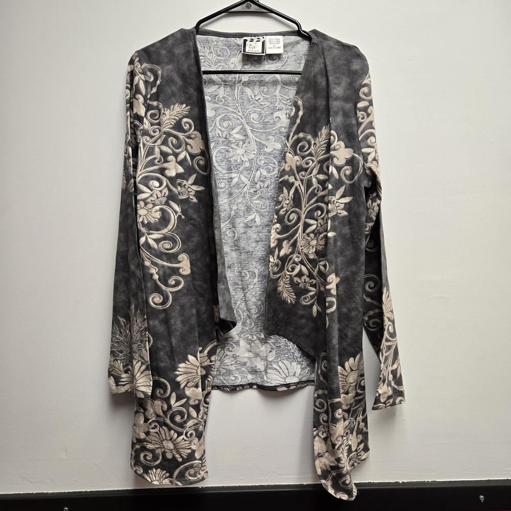 Take Two Cardigan L Gray Beige Floral Cotton Open Front Boho Cottagecore Soft - Picture 2 of 7